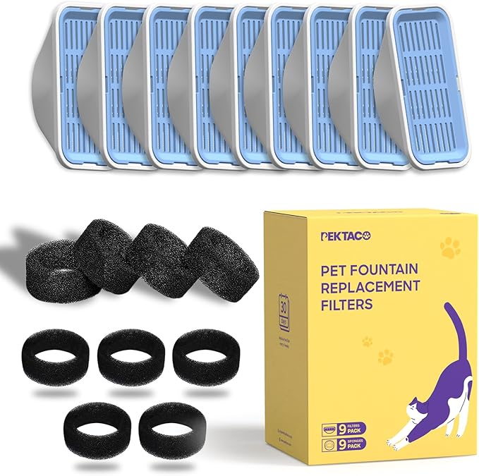PEKTACO Cat Water Fountain Filters Replacement & Pre-Filter Sponges for 3.2L/108oz Automatic Pet Fountain, Dog Water Dispenser 9 Pack Filters & 9 Pre-Filter Sponges Foam Filters