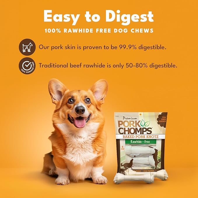 Pork Chomps Baked Pork Skin Dog Chews, 11 Inch Knots, 4 Count, 1 Pack - Long-Lasting Treats for Dogs - High Protein, Rawhide-Free, Low Fat, Healthy & Delicious Chews