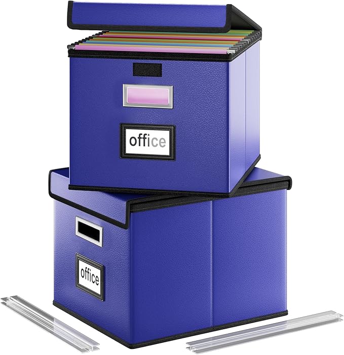 Huolewa Portable Leather File Organizer Boxes with Lids, Collapsible File Folder Organizer Boxes, Decorative Small Filing File Cabinet for Home/Office, Easily Store Documents/Hanging File Folders