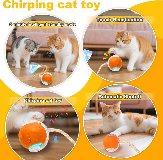 Interactive Cat Toys Ball for Indoor Cats,Automatic Cat Toy with Elastic Mesh Tail,Rechargeable Rolling Kitten Toy,Cat Enrichment Toys for Indoor Cats (RedYellow1, Cat Toy Ball)