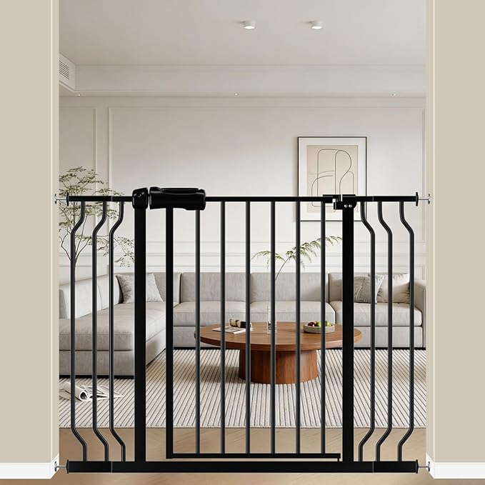 WAOWAO Baby Gate 29.13-43.3" Extra Wide Pressure Mounted Walk Through Swing Auto Close Safety Black Metal Toddler Kids Child Dog Pet Puppy for Stairs,Doorways,Kitchen