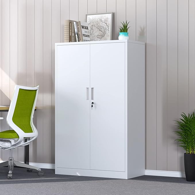 Metal Storage Cabinet with Locking Doors and 3 Adjustable Shelves, 53.5-Inch Lockable Storage Cabinets for Home Office Garage Kitchen Pantry (White)