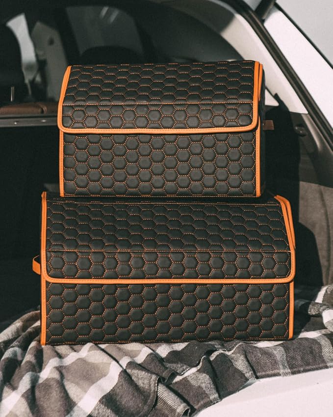 Owleys Sedan Trunk Organizer 17.7" Storage Tote For Groceries, Tools & Travel Gear - Foldable Eco-Leather Car Crate With Magnetic Lid | Stylish Presents For Drivers | Black-Brown (Hexy 17)