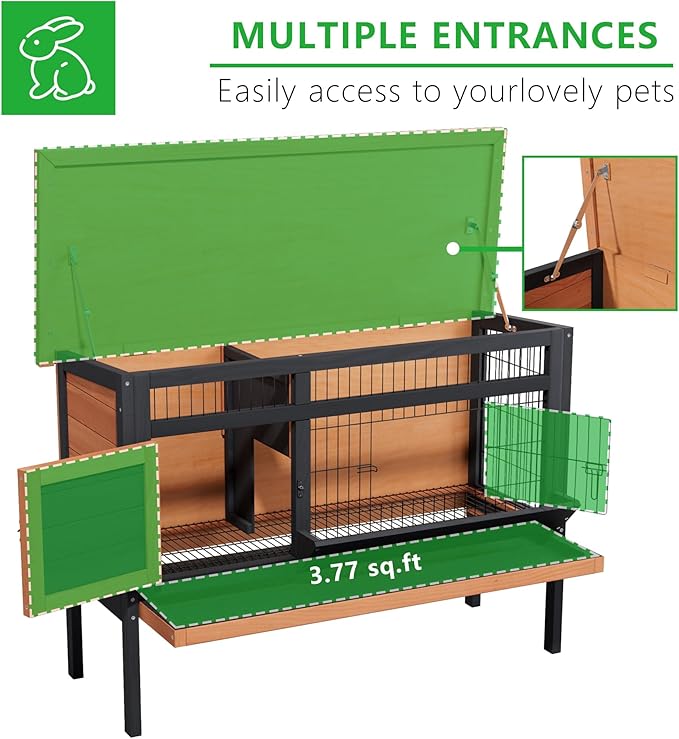 Rabbit Cage Elevated Bunny Hutch Indoor Outdoor,Wooden Chicken Coop Rabbit Hideout with Pull Out Tray,Feeding Trough,Metal Wire Pan and Openable Water-Resistant Asphalt Roof for Small Animals(Brown)