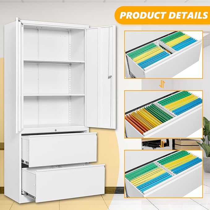STANI 2 Drawer Lateral File Cabinet, Metal Storage with Drawers, Locking File Cabinet with Shelves, Metal Storage Cabinets for Letter/Legal/F4/A4 Size Files