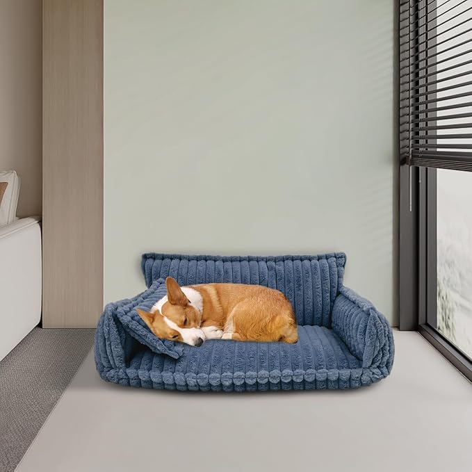 Pet Couch Bed for Dog and Cat, Plush Calming Couch for Pets with Removable Washable Cover, Modern Sofa Style Pet Bed for Home Living Room (Dark Blue)