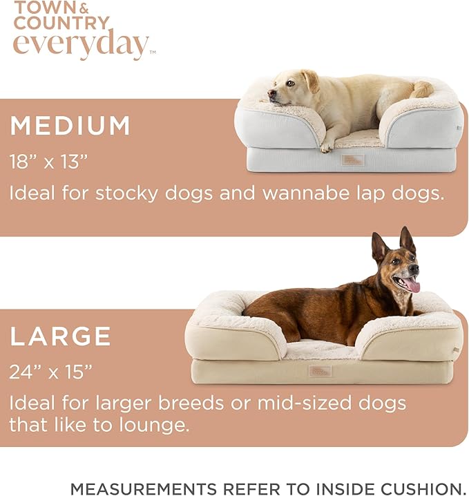 TOWN & COUNTRY EVERYDAY CuddleTown Comfy Solid Bolster Sofa Pet Bed, Supportive & Calming Egg Crate Foam, Non-Slip Bottom, Machine Washable Cover, Beige, Medium 28"x23"x8"