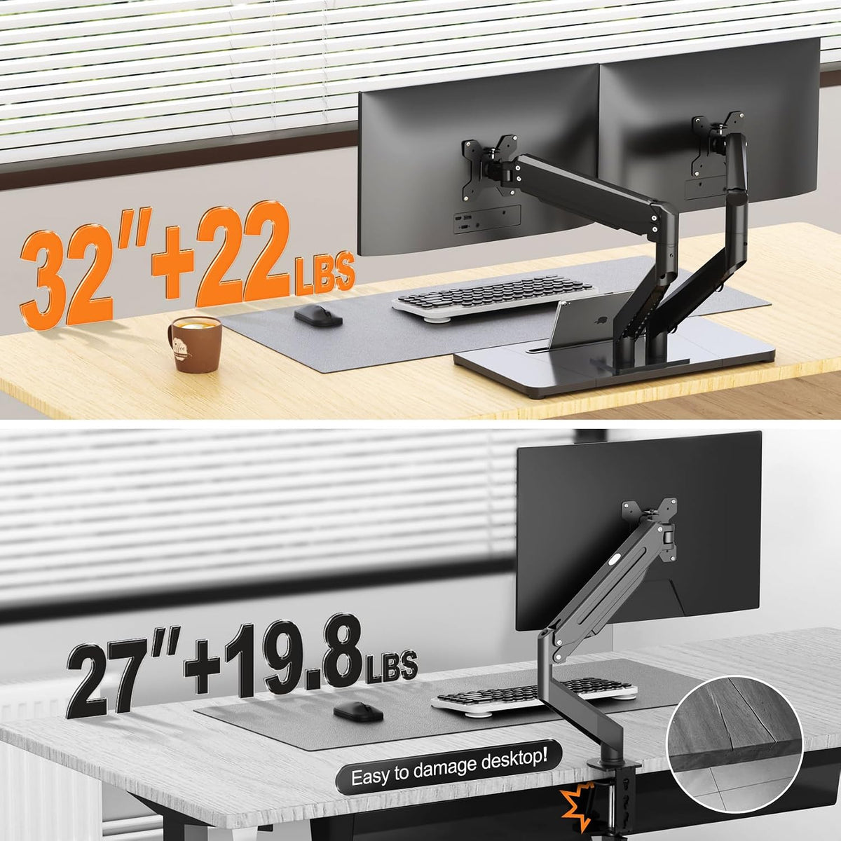 Pholiten Adjustable Dual Monitor Arms with Base for 17-32" Screens