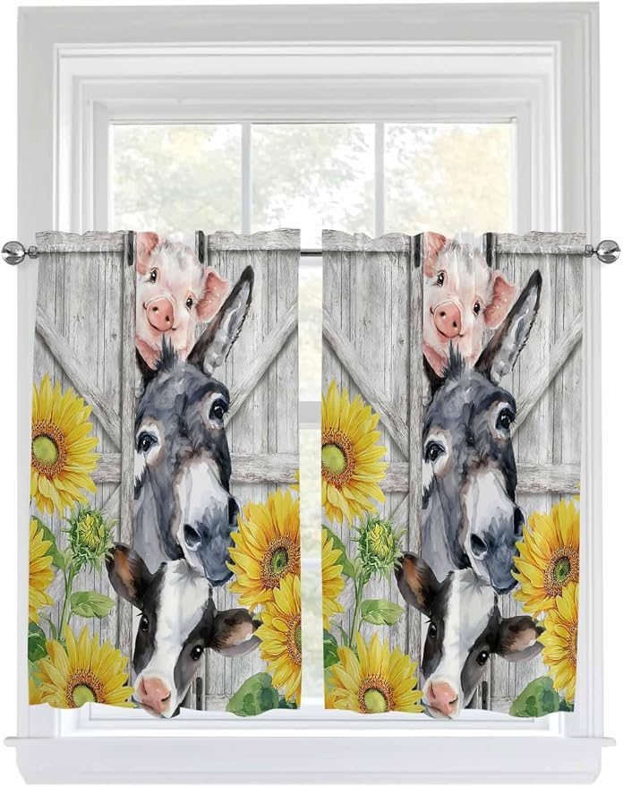 Farmhouse Kitchen Curtains 54 Inches length, Watercolor Sunflowers Animals