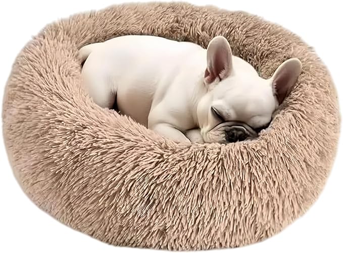 SALAN Calming Donut Dog Bed for Small Dogs and Cats, 16 Inch Round Plush Faux Fur Pet Bed, Washable Fluffy Self Warming Anti Anxiety Cuddler Bed for Puppy, Kitten, Indoor Cats (Khaki)