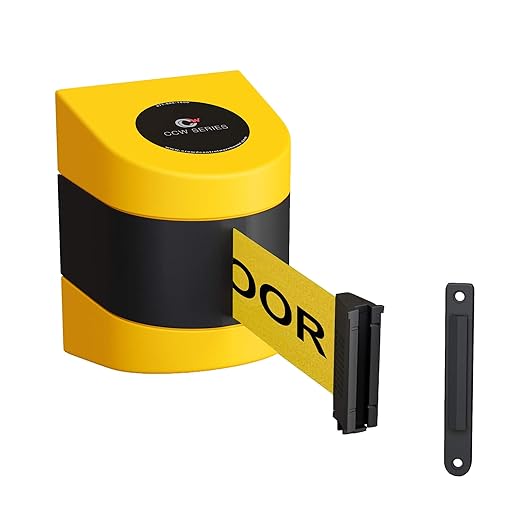 Crowd Control Warehouse - CCW Series WMB-220 Fixed Wall Mount Retractable Belt Barrier - 15 Foot, Yellow"Caution - Wet Floor" Black Letters Belt with Yellow ABS Case