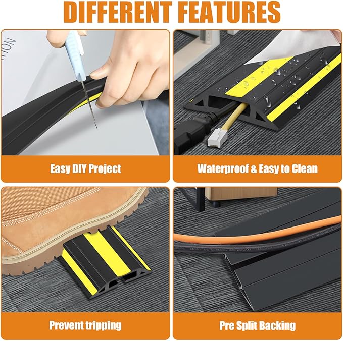 6.5 ft Cord Covers for Wires on Floor, Heavy Duty PVC Duct Floor Cord Cover, Floor Cable Cover Easy to Unroll Prevent Trip Hazard for Home Office or Outdoor Settings