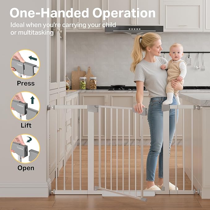 Cumbor 29.7–51.5" Extra Wide Baby Gate for Stairs, Pressure-Mounted Dog Gates for Doorways & Hallways, Auto-Close Walk-Through, No-Trip Design, Child Proof Safety, Dog/Pet Gate for Indoor Use, Silver