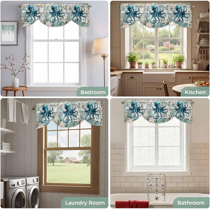 Sea Octopus Ocean Starfish Tie Up Valance Curtains, Nautical Anchor Vintage