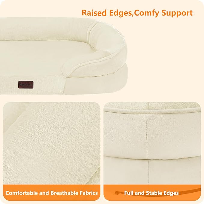 Dwanton Orthopedic Dog Bed for Medium Dogs with Gel Memory Foam, Waterproof Dog Sofa, Washable Pet Bed with Four Sided Bolster Cushion, Removable Cover & Non-Slip Bottom, 35", Beige