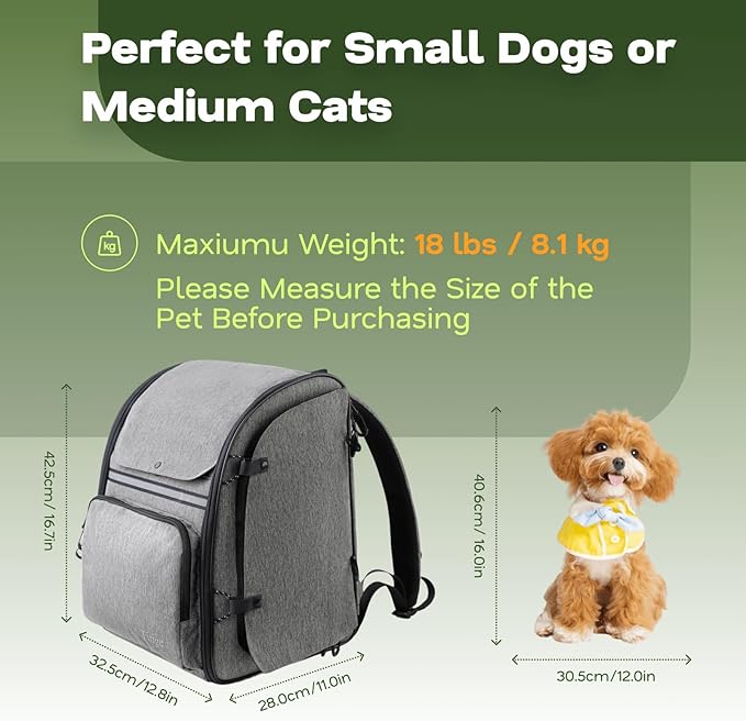 Premium Dog & Cat Carrier Backpack for Travel, Hiking & Vet Visits - Solid Durable Pet Backpack with Breathable Mesh, Safety Strap, Anti-Anxiety Curtain & Storage Pockets, Gray
