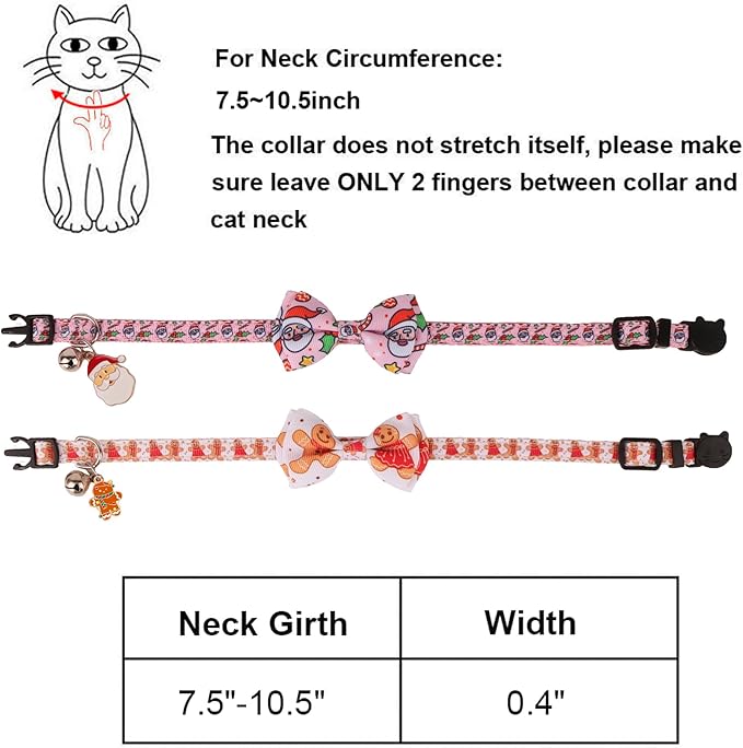 ADOGGYGO Pink Christmas Cat Collar with Removable Bowtie Bell, 2 Pack Pink Santa Gingerbread Man Christmas Collars for Female Cat Kitten
