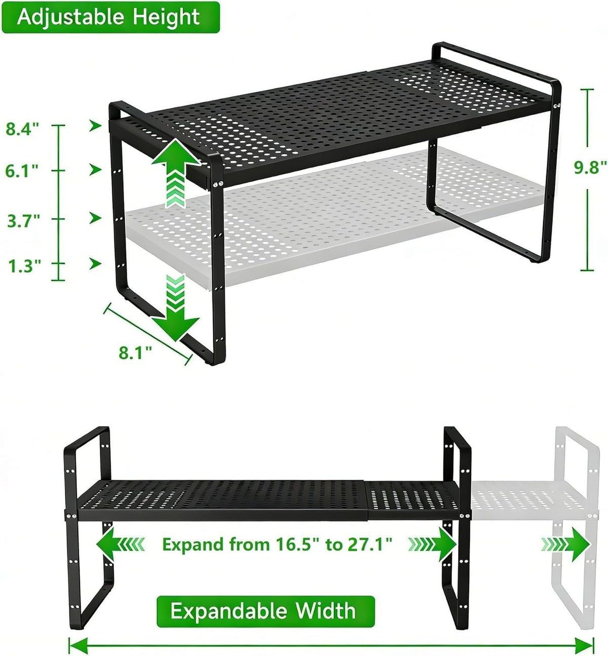 Expandable Storage Shelf, Stackable Organizer Rack, Black Small 2 PK