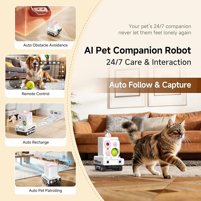 PMATE Self-Moving Pets Camera AI-Powered Rover with Auto Tracking & Patrol, 2K Live View, Night Vision, 2-Way Talk, and Auto-Recharge (Pink)