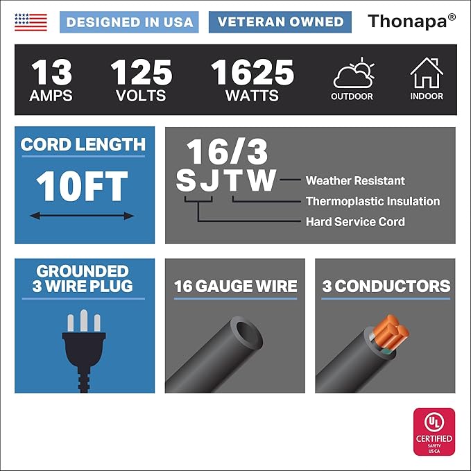 13 Amp Outdoor Extension Cord 10 ft, 2 Pack, 16/3 SJTW 10 Foot Black Extension Cord 3 Prong Multi Pack, Weatherproof ExteriorPower Cable for Outdoor Lights, Landscaping, Lawn, UL Certified