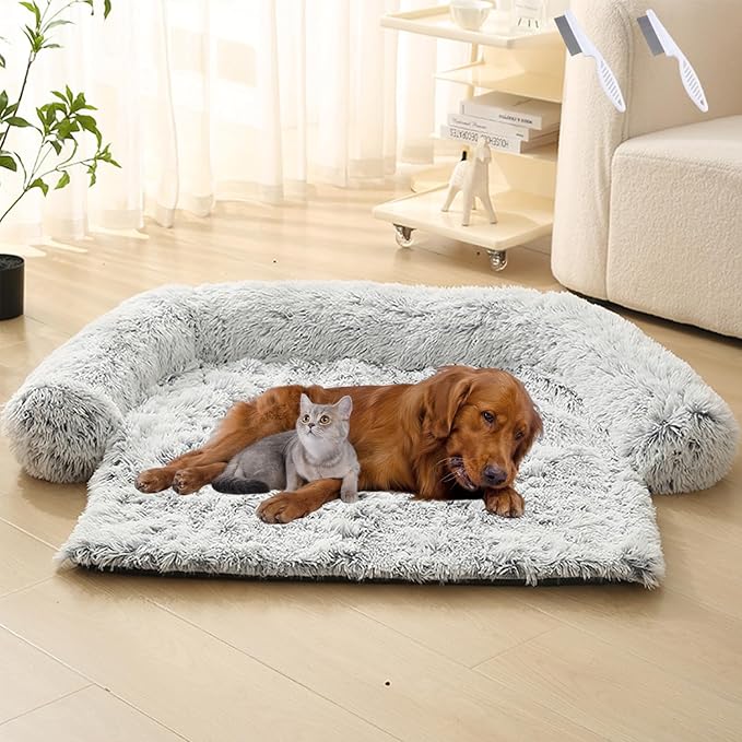 Dream Cloud Pet Sofa Bed for Dogs Cats, 2026 Washable Removable Calming Fluffy Plush Mat for Furniture Protector, Long Fur Non-Slip, for Small/Medium/Large Home Pets (Light Grey, S：27.6 * 24in)