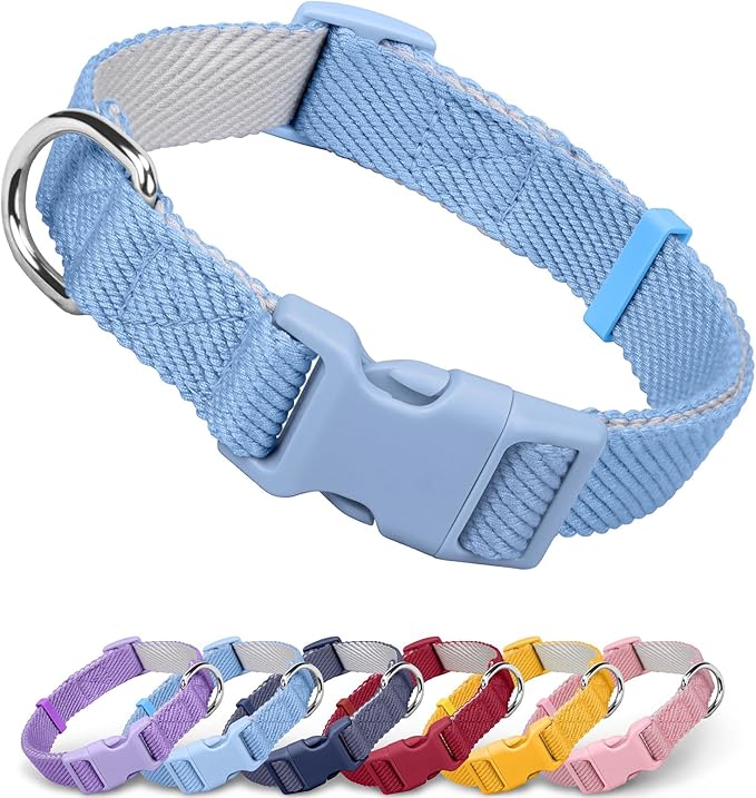 Dynmeow Soft and Breathable Cotton Dog Collar, Durable Adjustable Heavy-Duty Boy Pet Collar with Quick-Release Buckle, Lightweight for Sensitive Skin for Large Dogs, Light-Blue, L