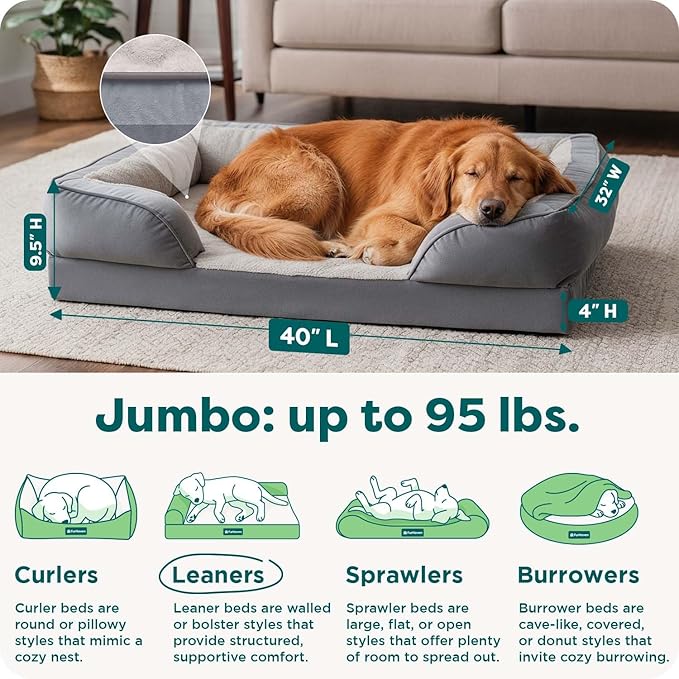 Furhaven Orthopedic Dog Bed for Large Dogs w/ Removable Bolsters & Washable Cover, For Dogs Up to 95 lbs - Plush & Velvet Waves Perfect Comfort Sofa - Granite Gray, Jumbo/XL