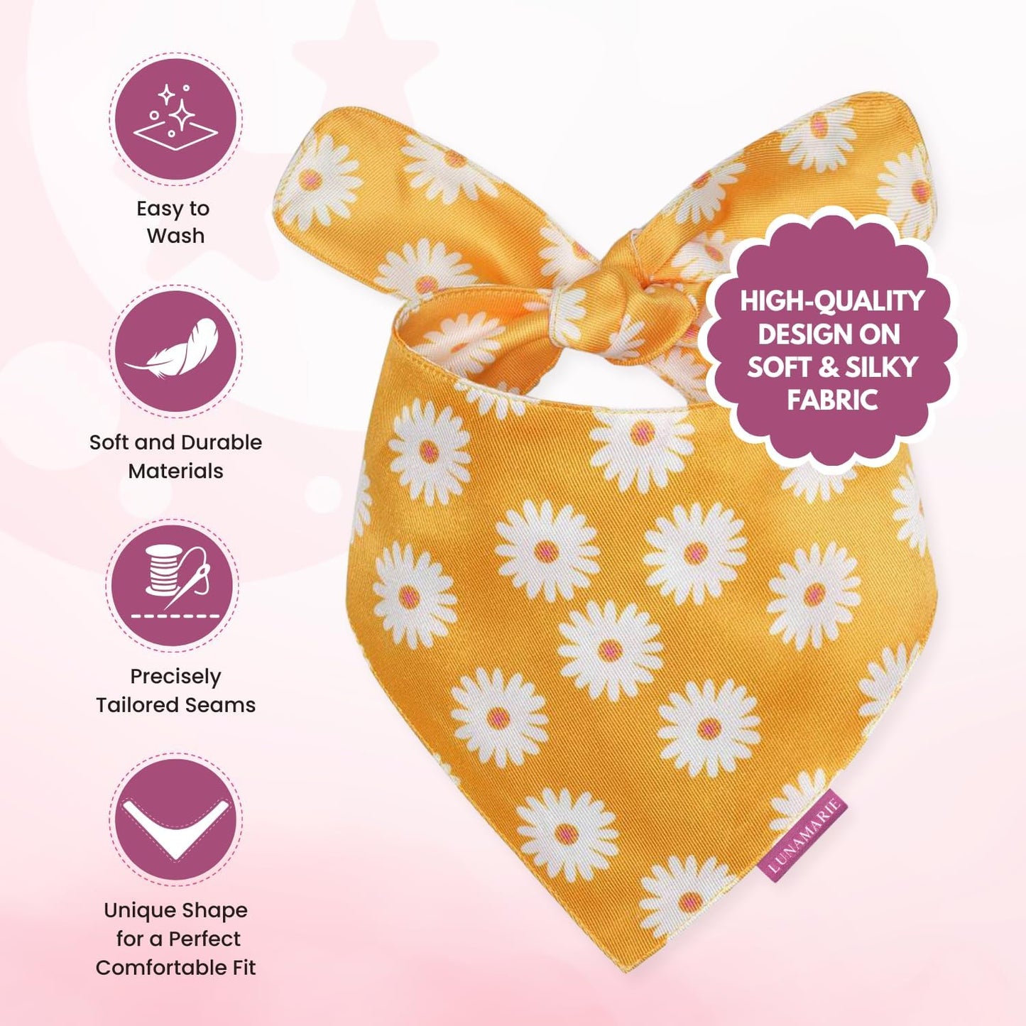 LunaMarie - Luxury Pet Birthday Bandanas -Premium & Silky Poly Fabric | 100% Handmade | Custom Shape Dual Layered (Daisies, Large)
