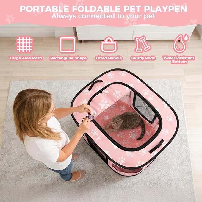 Homimp Portable Pet Playpen for Indoor Cats & Puppies, Foldable Dog Playpen Outdoor Tent Crate Cage with Pee Pad & Carry Bag, Pet Crate with Mesh Sides for Small Animals Travel, Pink M