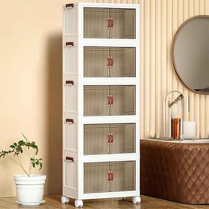 4 Tier Plastic Stackable Storage Bins and Boxes Organizer, Foldable Containers, Stackable Closet Organizers, Collapsible Boxes, White (5 Tier, 25.8″)