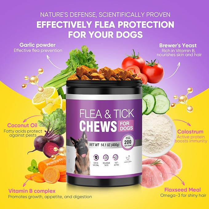 Dog Flea and Tick Treatment Chewable 200 Treatment Chews Natural Soft Chew Fleas Ticks Treatment Dog Oral Chewables Support Supplement Breeds and Ages Dogs Chicken Flavor