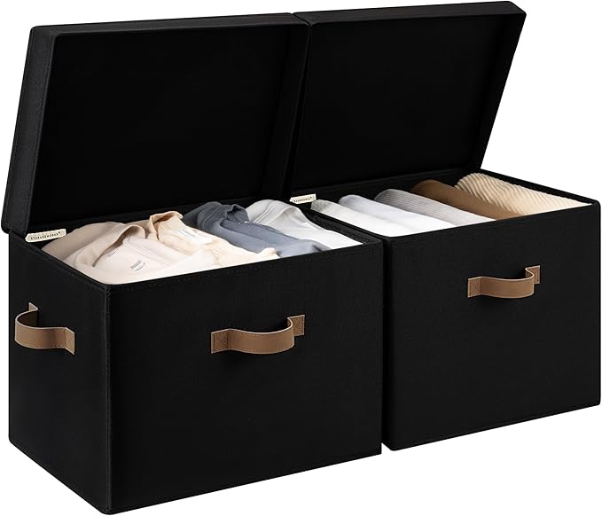 StorageWorks Fabric Storage Bins with Lid, Decorative Storage Boxes for Shelves, Stackable Closet Organizer Basket with Handles, Jumbo, Black, 2-Pack