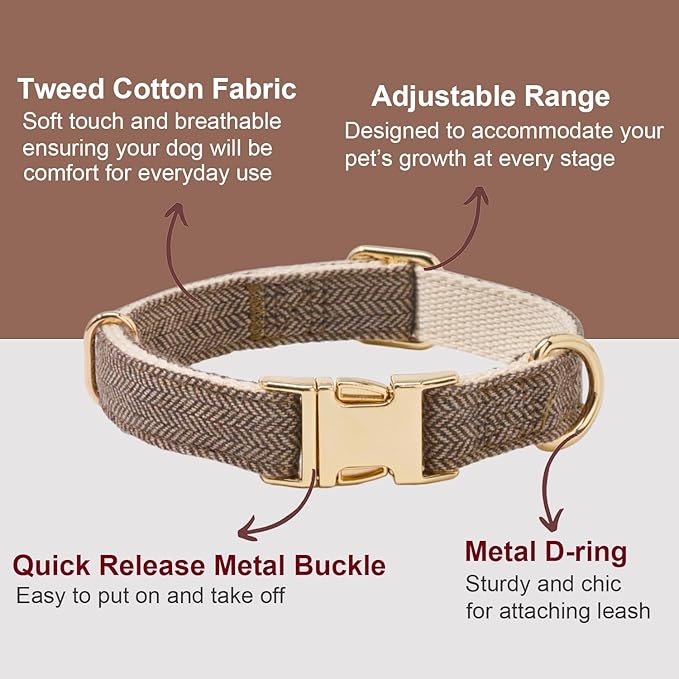 Soft Cotton Hemp Dog Collar with Metal Buckle Adjustable Tweed Dog Collars for Small Medium Large Dogs(Coffee,Small)