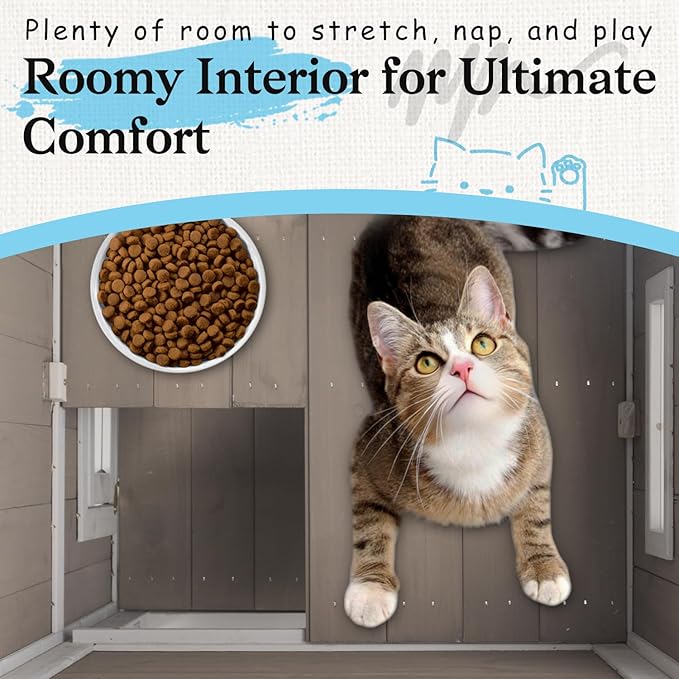 PetsCosset Outdoor Cat House Feral Cats Shelter Weatherproof with Balcony, 2-Story Wooden Outside Pet C at House with Openable Roof, 4 Door, 2 Platforms