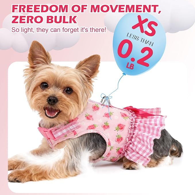 EXPAWLORER Dog Harness Small Medium Sized Dogs, Plaid Dog Dress Bowknot Harness and Leash Set, No Choke No Pull Soft Mesh Vest Cute Princess Puppy Outfits Clothes Costume for Girls Party Cats Pink XS
