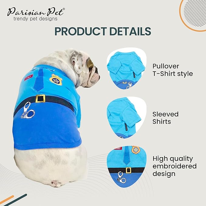 Parisian Pet Dog Shirt - Embroidered Police Costume - 100% Cotton and Polyester - Sleeved Cop Costume - Blue for Large Dogs 3XL