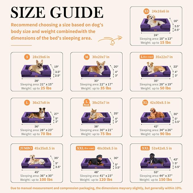 Comfort Expression Orthopedic Dog Bed for Extra Large Dogs 45x35 Inch, Waterproof Egg Crate Foam XL Pet Bed with Removable Bolsters, Dog Couch with Washable Cover & Non-Slip Bottom, Deep Purple