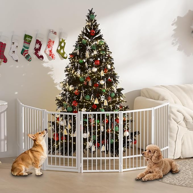Full Metal Freestanding Dog Gate with Door, 36''Height Foldable Pet Dog Fence for Indoor & Outdoor, 6 Panels Extra Wide Free Standing TallDog Gates for Doorways,House,Stairs,Porch,Deck,Yard