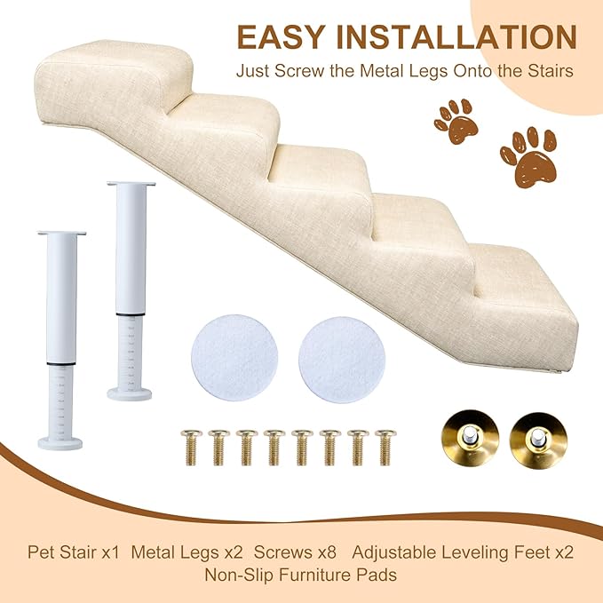 Adjustable Dog Stairs & Ramp for Cats and Dogs, 5-Step Pet Stairs for High Beds and Couch, 18.5"–23.6" Height, Linen Faux Leather, Waterproof, Scratch-Resistant, Non-Slip Indoor Pet Ramp