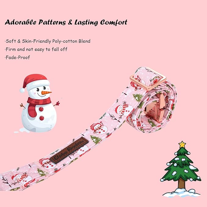 Christmas Dog Collar, Christmas Tree and Snowman Print Cute Winter Holiday Collars Cotton Adjustable Comfortable Pink Dog Collar with Bow,Stylish Collars for Small Girl Dogs