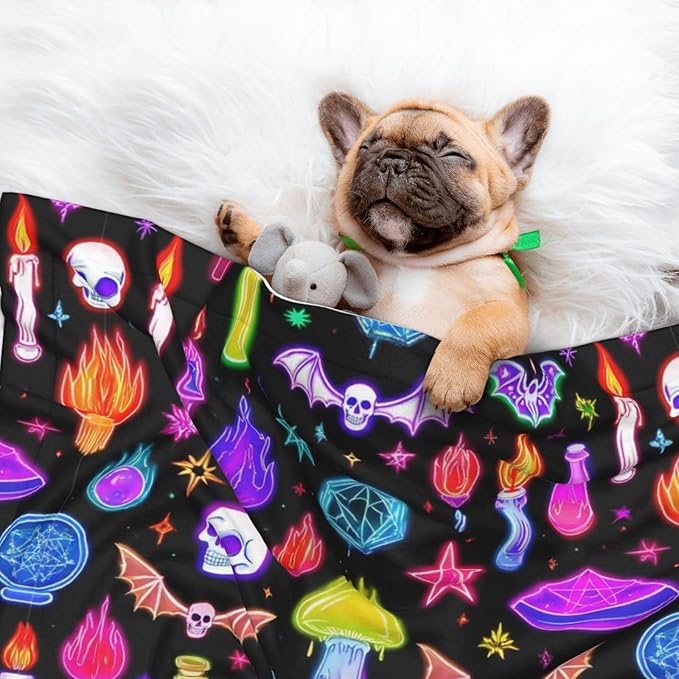 Double Sided Plush Pet Blanket with Cozy Dot Texture and Smooth Reverse, Halloween Goth Skull Bat Mushroom Witchy Witch, Reversible Throw for Dogs Cats on Couches Beds Crates