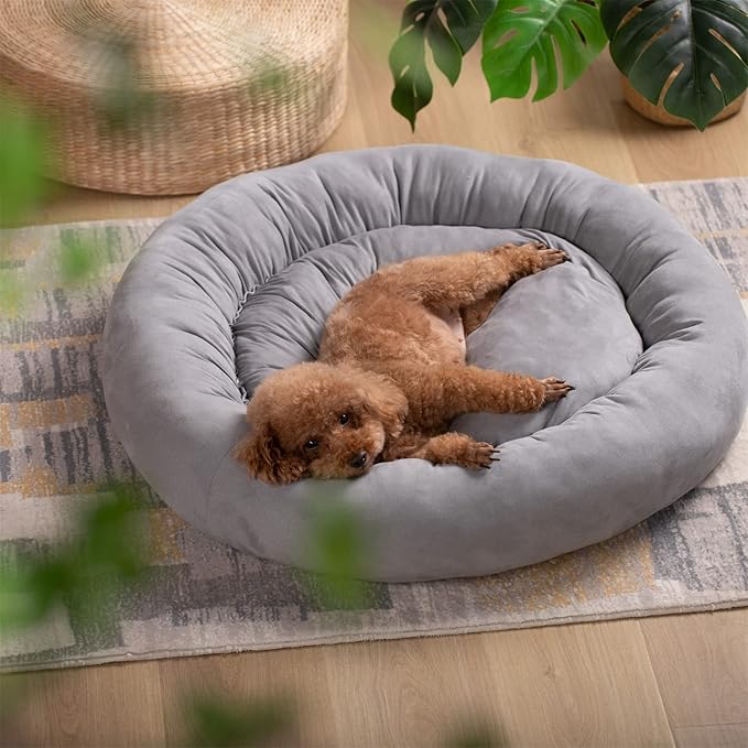 KASENTEX Dog Bed, Round Dog Beds for Medium/Large Dogs, Donut Dog Bed and Cat Bed Anti Slip & Machine Washable - Grey 27x27 Inches