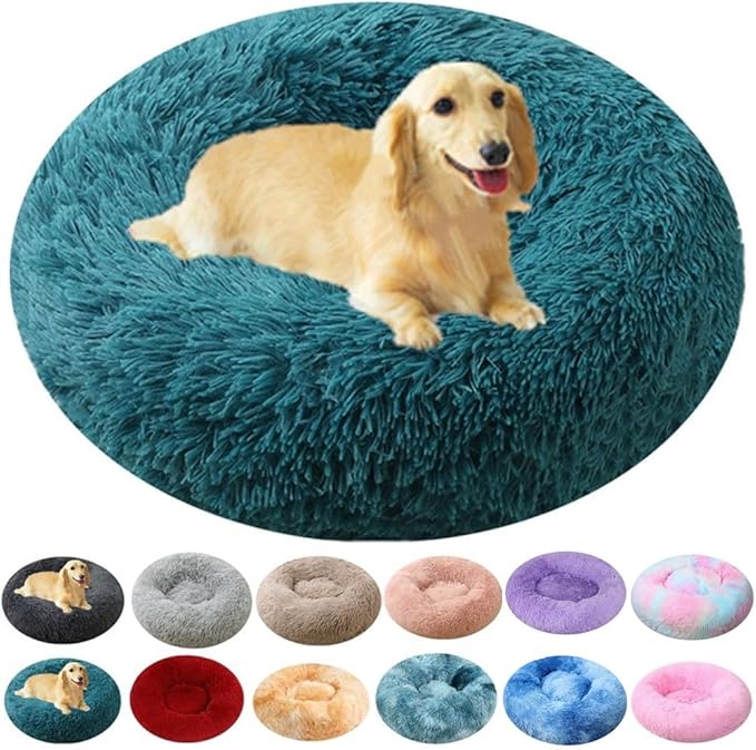 Large Calming Dog Bed, 47 Inch Anti-Anxiety Donut Dog Cuddler Cat Bed, Warming Cozy Soft Dogs Round Bed, Fluffy Faux Fur Machine Washable Pet Cushion for Medium Large Dogs & Cats (Dark Blue)