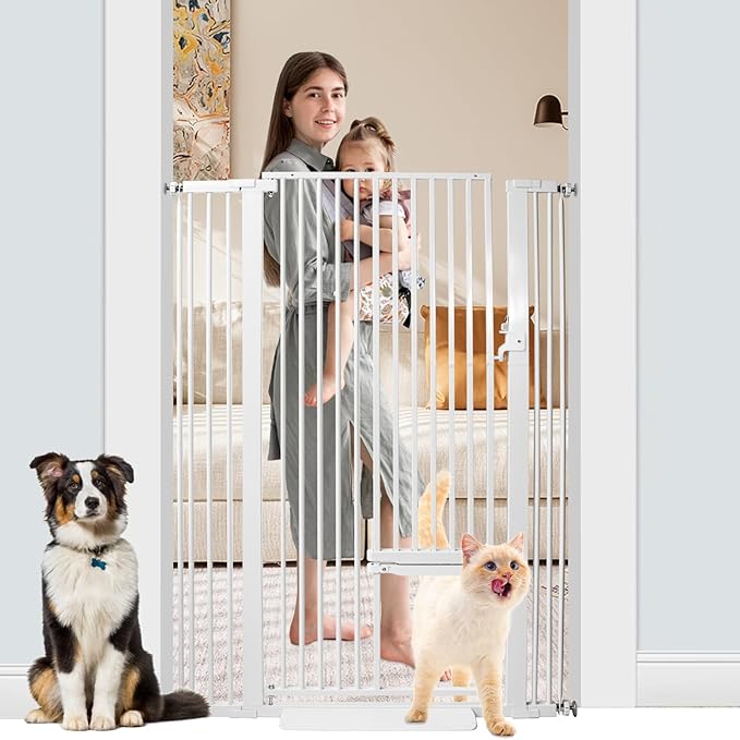 55 Inch Extra Tall Pet Gate with Small Cat Door, 29.55"-40.55" Adjustable Wide Dog Gate, Tall Cats Gates for Doorway, Stairs, House(White)