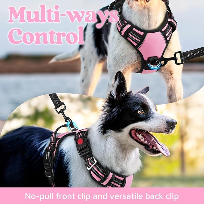 rabbitgoo Dog Harness for Large Dogs, No Pull Pet Vest with 3 Buckles, Adjustable Soft Padded Pet Harness with Easy Control Handle and Reflective Strips, Light Pink, XL