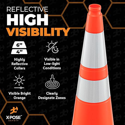 Xpose Safety 36 Inch Orange Traffic Cones Heavy Duty 12lb with 6" & 4" Collars, 12 Pack - Multipurpose PVC Plastic Safety Cone for Parking, Soccer, Caution, Kids and Construction - DOT Approved
