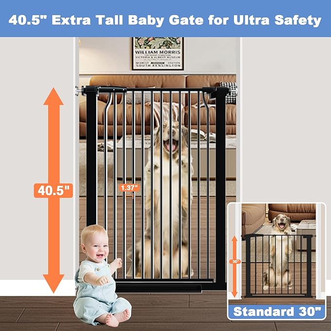 65.7"-72.2" Extra Wide Baby Gate, 40.5" Tall Dog Gate Indoor,Walk Through Pet Gates for Doorways Kitchen No Drilling Auto Close Pressure Mounted Safety Child Toddler Gate, Black