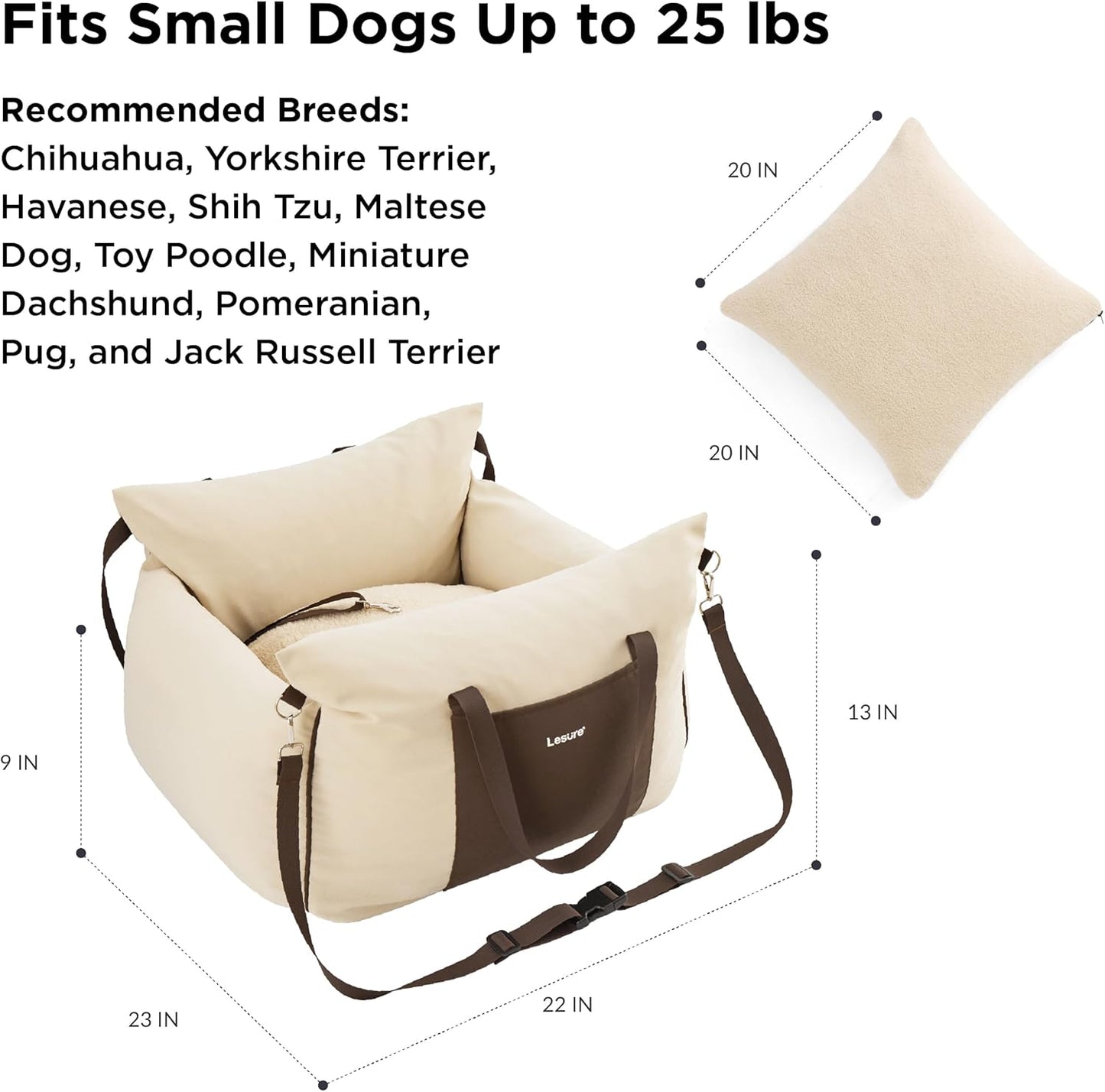 Lesure Small Dog Car Seat for Small Dogs - Dog Booster Seat for Car with Waterproof Bottom, Clip-On Safety Leash and Thickened Memory Foam Filling, Pet Carseat Puppy Travel Carrier Bed, Beige