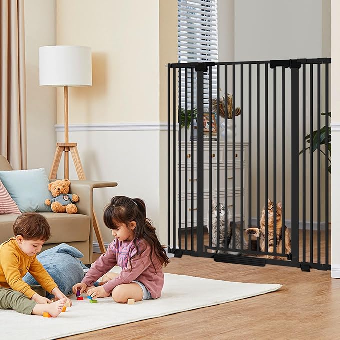 51'' Extra Wide Cat Gate Barrier 30-63'' Wide for Doorways Hallways, Pressure Mounted Tall Pet Dog Gates No Drilling Auto Close, Cat Fence Indoor Climb Proof (Black)