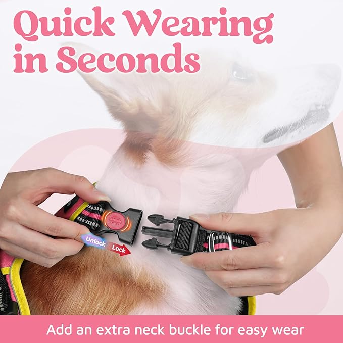 rabbitgoo Dog Harness for Large Dogs, No Pull Pet Vest with 3 Buckles, Adjustable Soft Padded Pet Harness with Easy Control Handle and Reflective Strips, Pink & Yellow, L